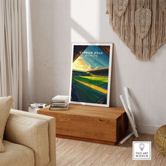 Carrow Road - Norwich City inspired Stadium Wall Art Print displayed in a modern living space on a wooden bench.