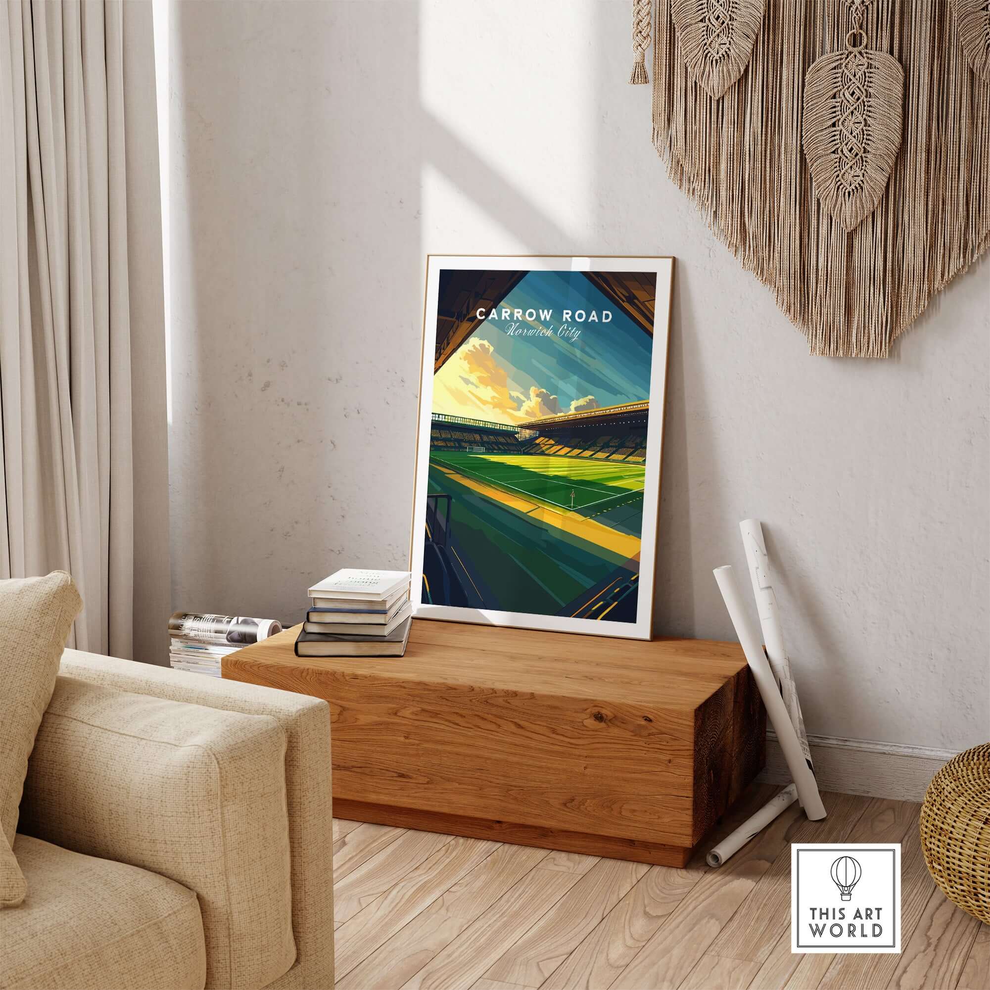 Carrow Road - Norwich City inspired Stadium Wall Art Print displayed in a modern living space on a wooden bench.