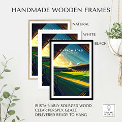 Carrow Road - Norwich City inspired Stadium Wall Art Print displayed in handmade wooden frames in natural, white, and black.