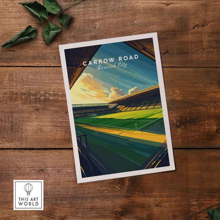 Carrow Road stadium wall art print inspired by Norwich City, showcasing vibrant colors and a dynamic perspective.