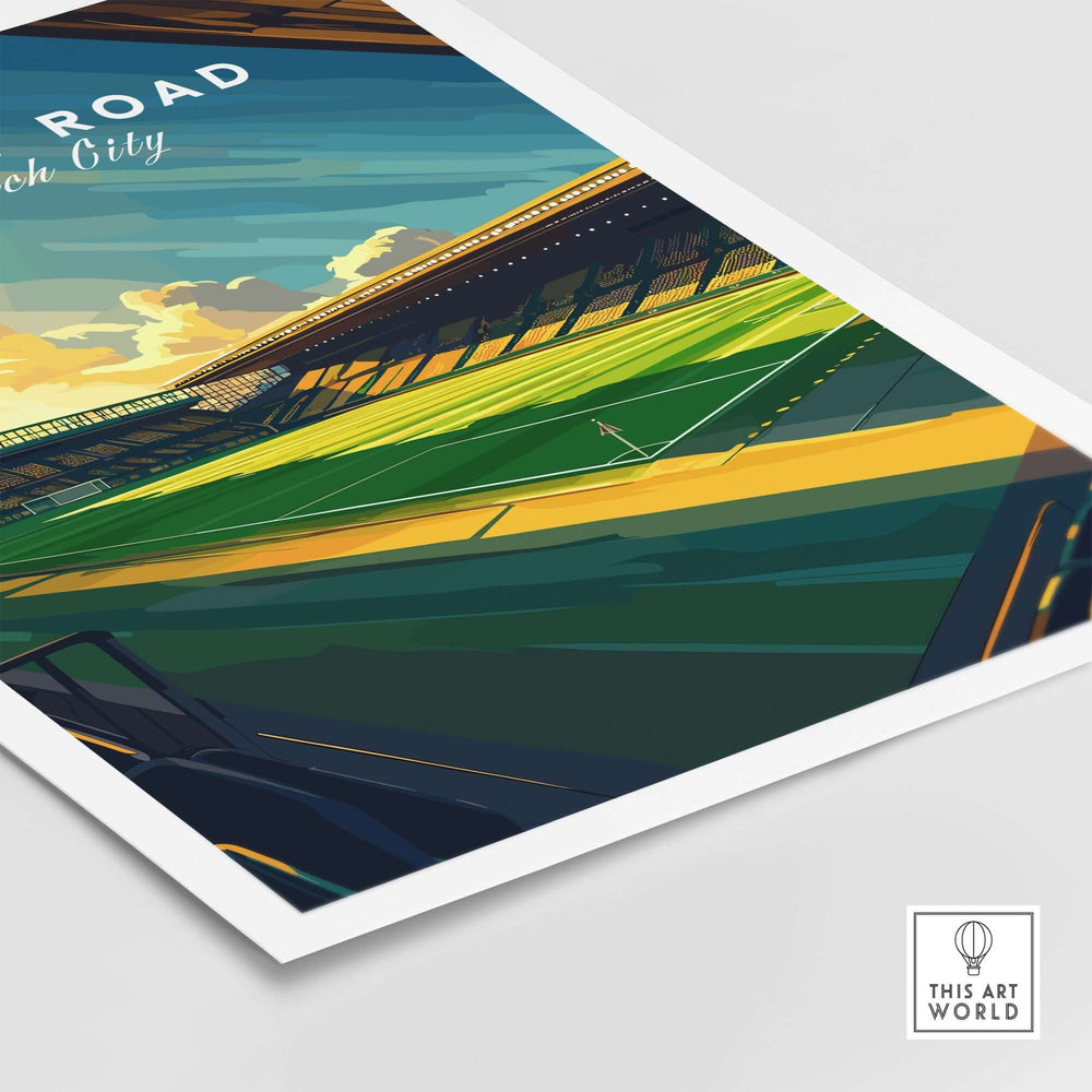 Carrow Road stadium wall art print featuring Norwich City, vibrant colors and football-inspired design.