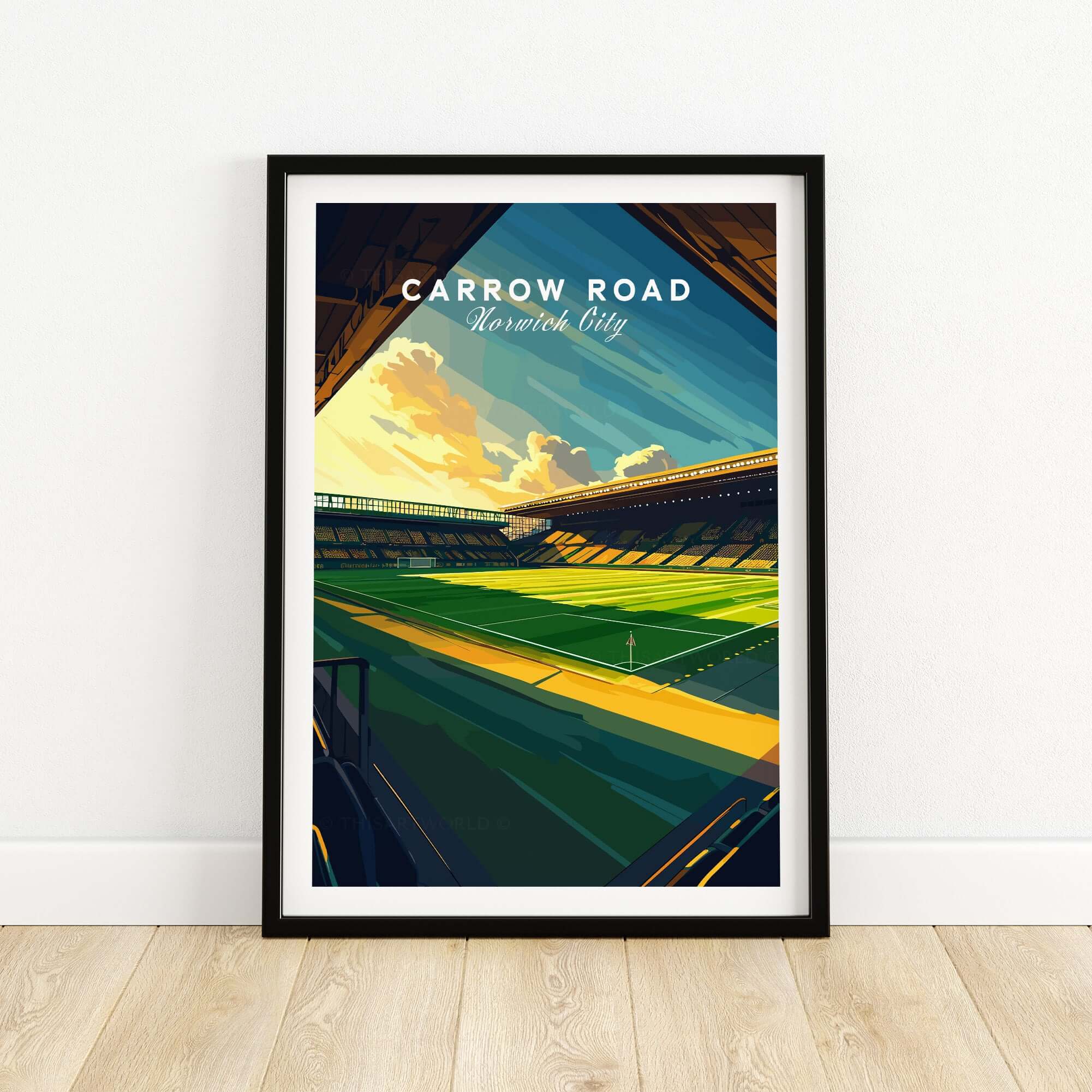 Carrow Road - Norwich City inspired Stadium Wall Art Print featuring vibrant colors and detailed stadium illustration.