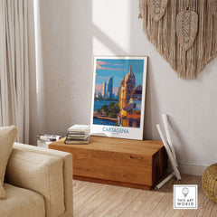 Cartagena Colombia Art Print | City Skyline Poster displayed in a stylish interior with a wooden table and cozy decor.