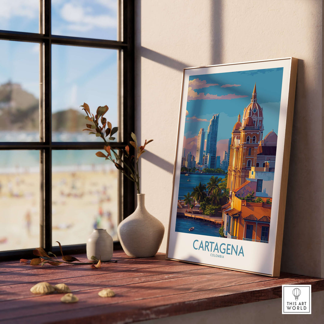 Cartagena Colombia Art Print | City Skyline Poster displayed in a bright room with beach view through the window.