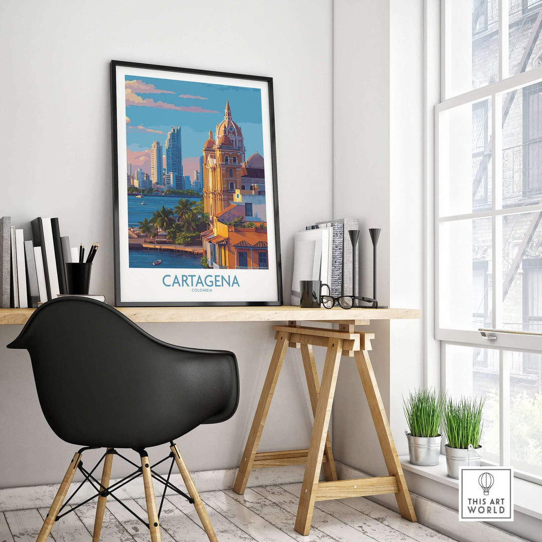 Cartagena Colombia Art Print | City Skyline Poster displayed in a modern workspace, showcasing the vibrant skyline.