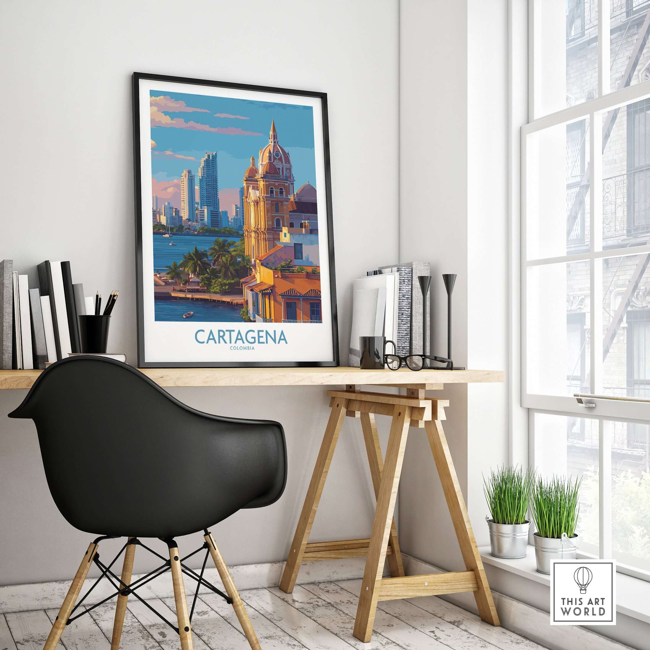 Cartagena Colombia Art Print | City Skyline Poster displayed in a modern office setting featuring vibrant architecture.