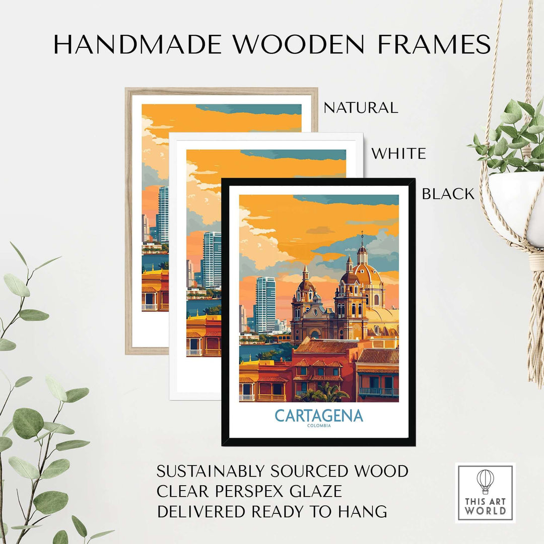 Handmade wooden frames displaying Cartagena Colombia Art Print | Walled City Travel Poster in natural, white, and black finishes.