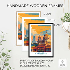 Cartagena Colombia Art Print | Walled City Travel Poster displayed in handmade wooden frames.