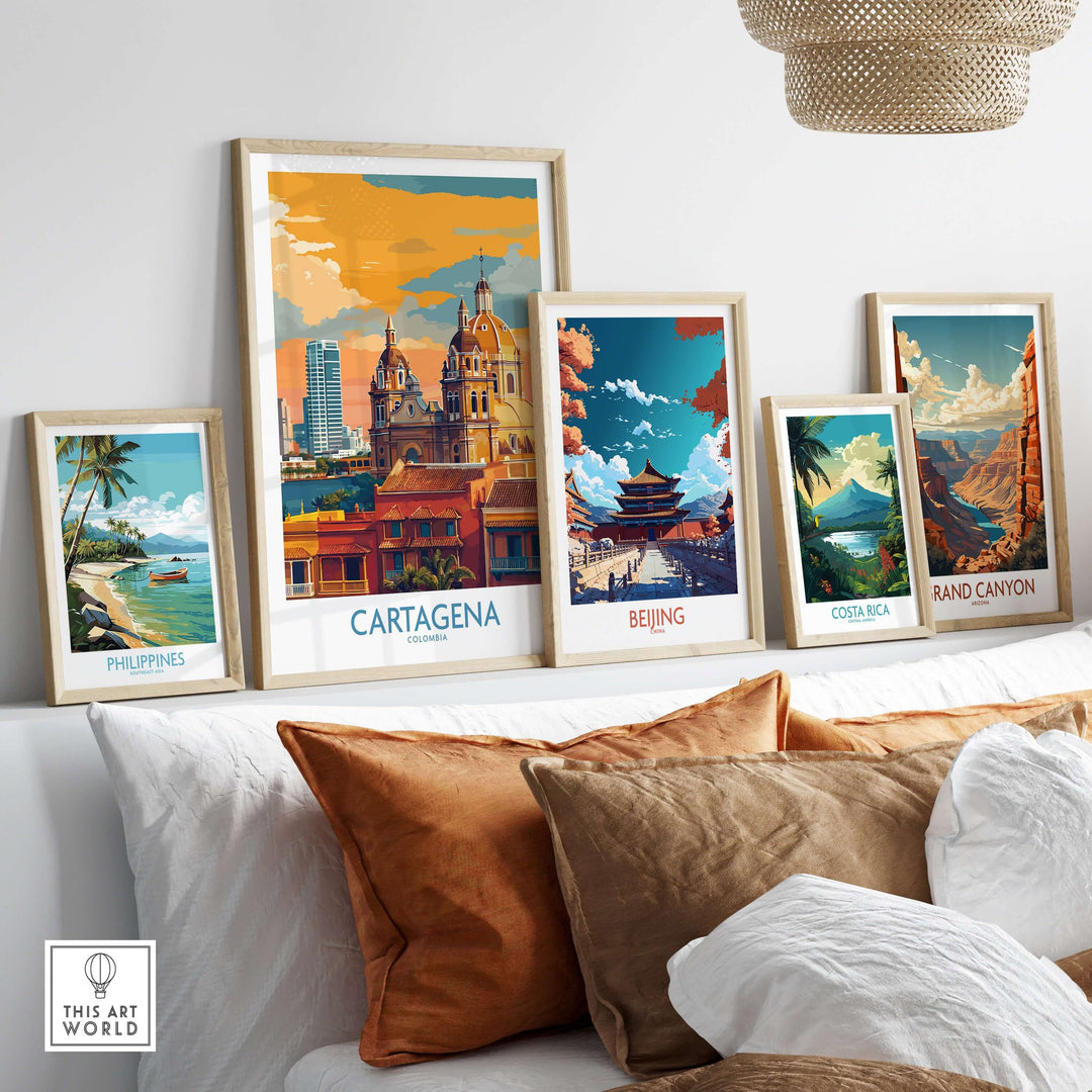 Cartagena Colombia Art Print | Walled City Travel Poster showcased among other travel prints in a stylish living room interior.