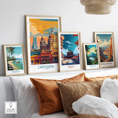 Cartagena Colombia Art Print | Walled City Travel Poster displayed among other travel art prints in a stylish living room setting.