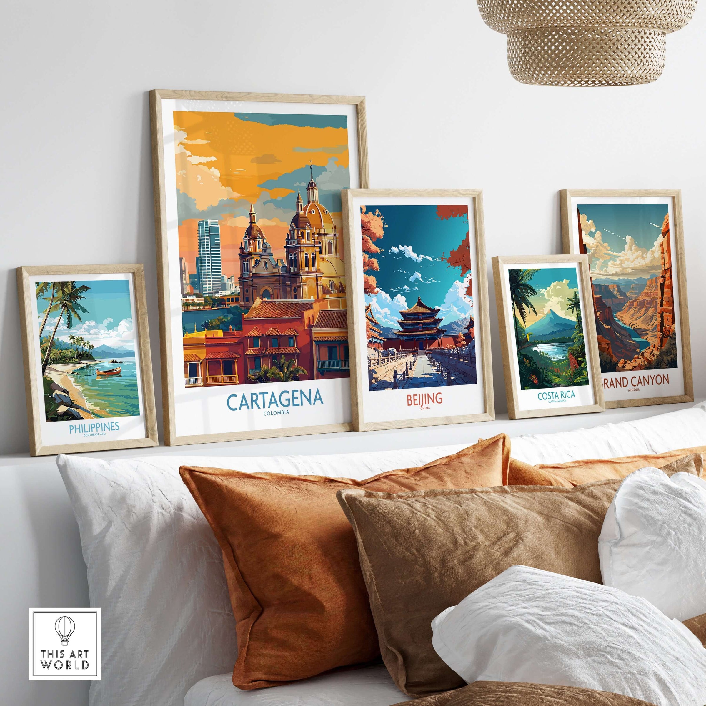 Cartagena Colombia Art Print | Walled City Travel Poster displayed among other travel art prints in a stylish living room setting.