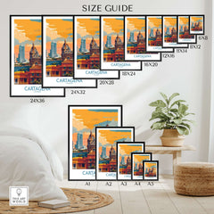 Cartagena Colombia Art Print | Walled City Travel Poster Size Guide with various frame sizes and vibrant design.