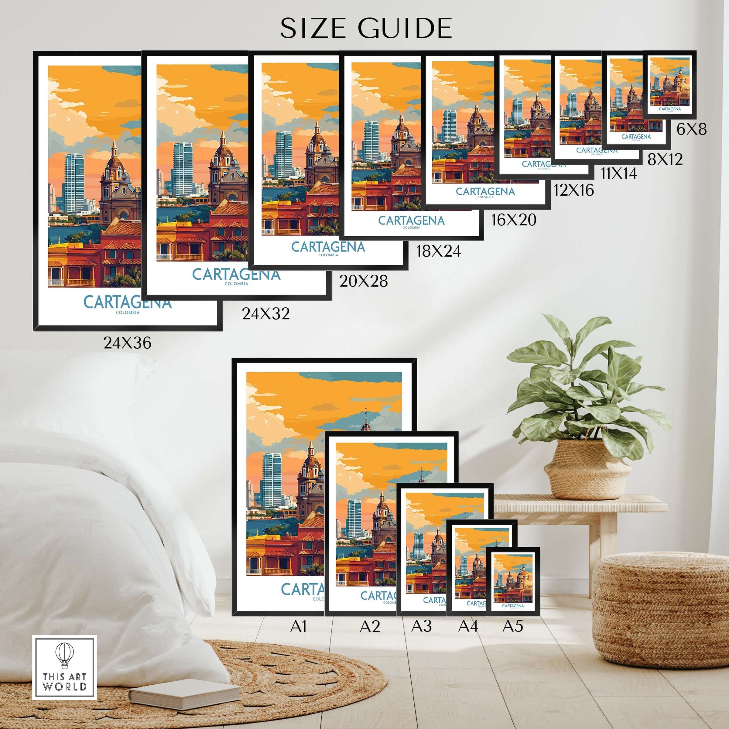 Cartagena Colombia Art Print | Walled City Travel Poster Size Guide with various frame sizes and vibrant design.