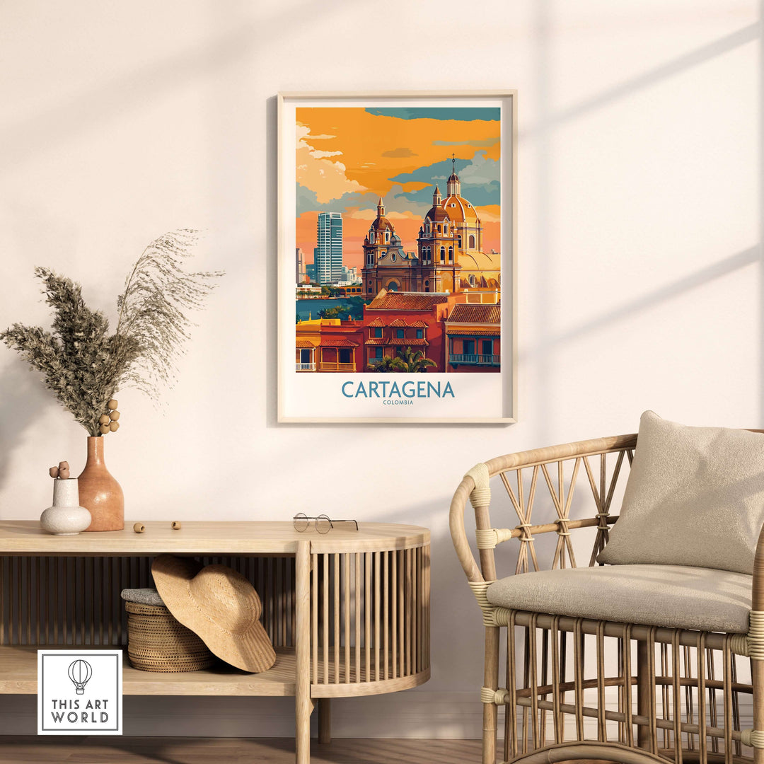 Cartagena Colombia Art Print | Walled City Travel Poster featuring vibrant architecture in a cozy home setting.