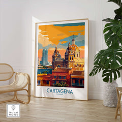 Cartagena Colombia Art Print | Walled City Travel Poster displayed in a stylish home interior.