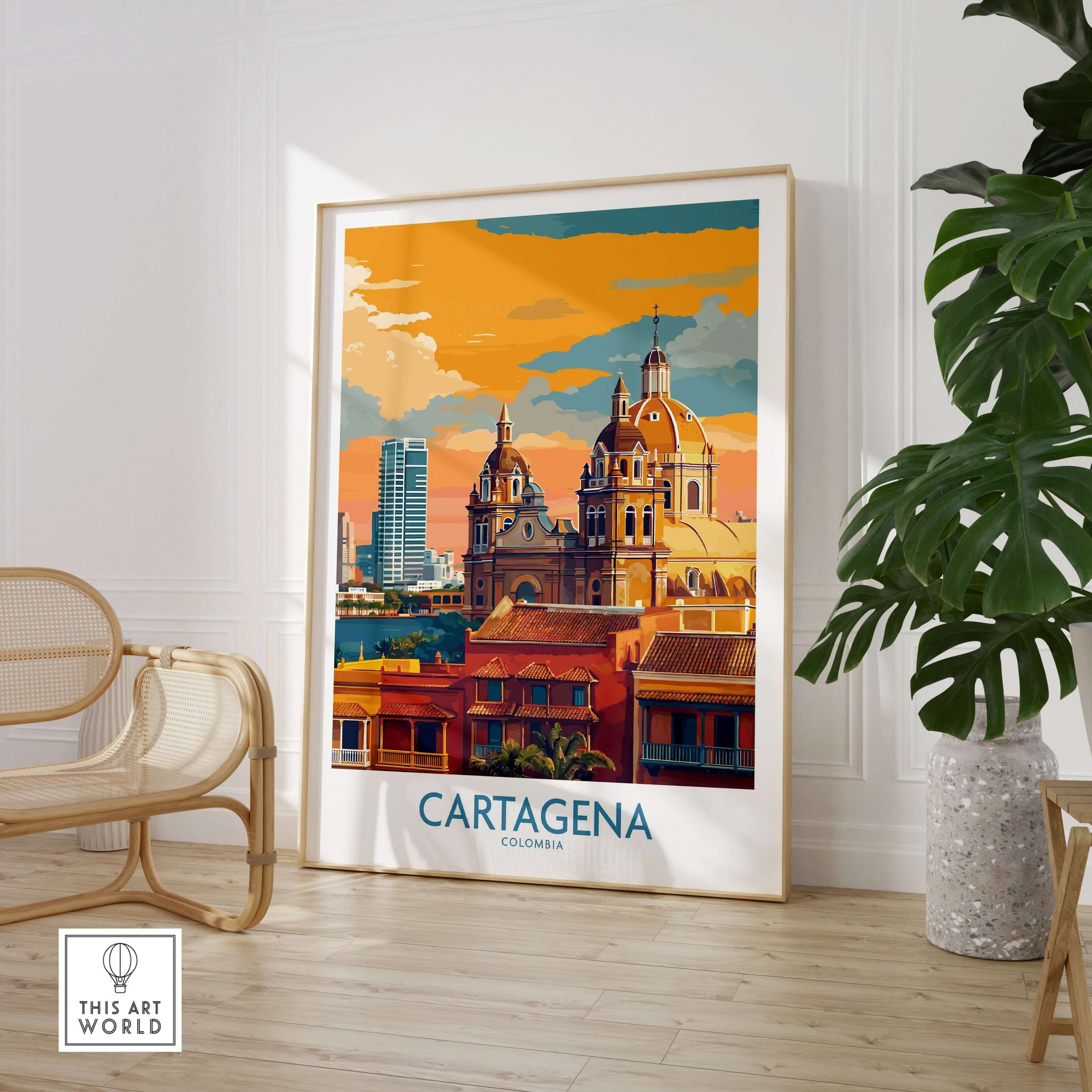 Cartagena Colombia Art Print | Walled City Travel Poster displayed in a stylish home interior.