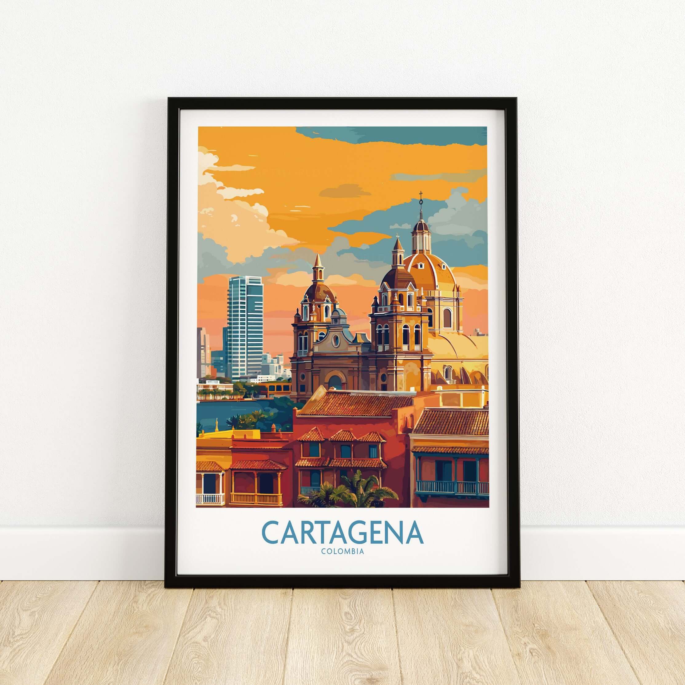 Cartagena Colombia Art Print | Walled City Travel Poster featuring vibrant colors and historic architecture.