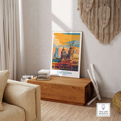 Cartagena Colombia Art Print | Walled City Travel Poster displayed in a stylish room setting.