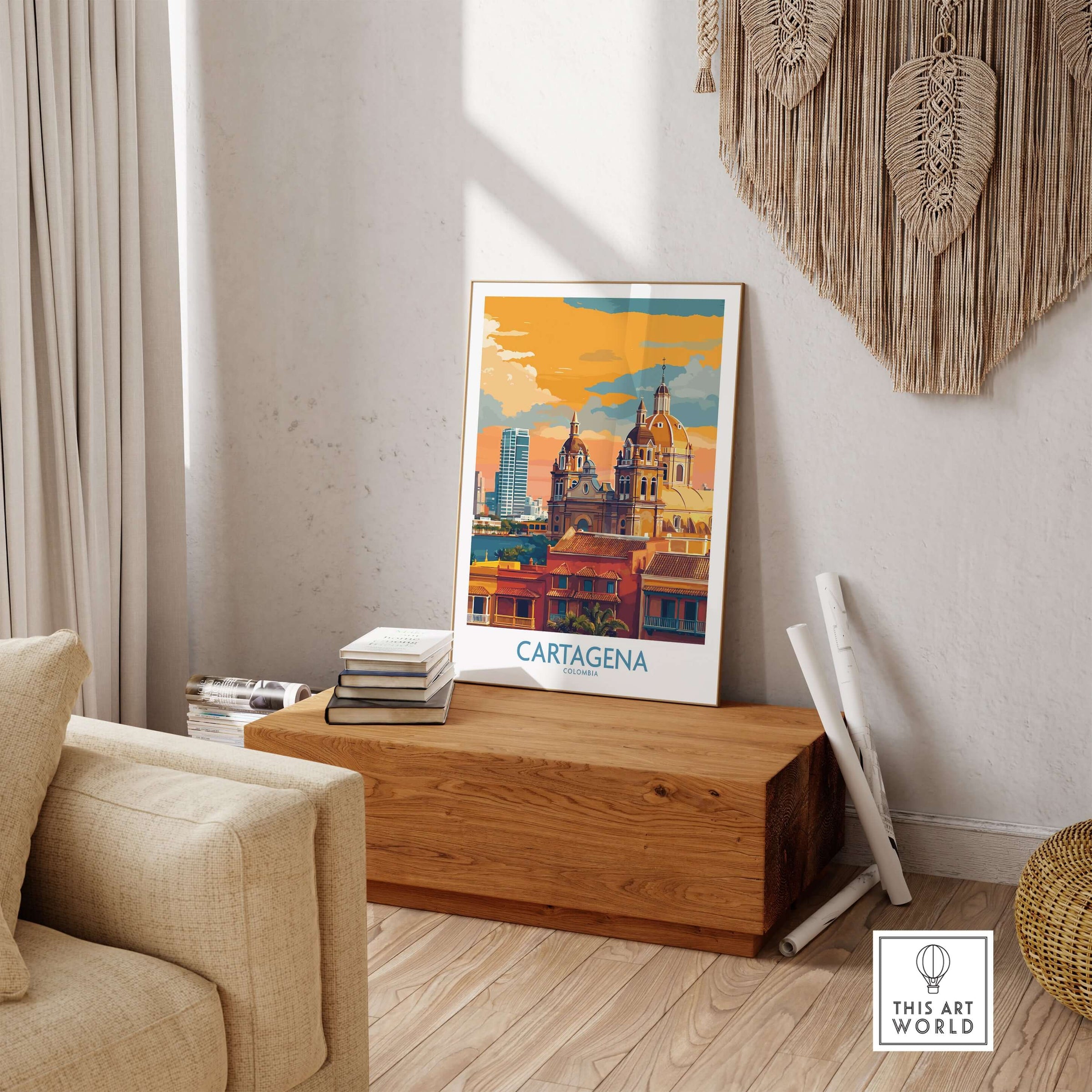 Cartagena Colombia Art Print | Walled City Travel Poster displayed in a stylish room setting.