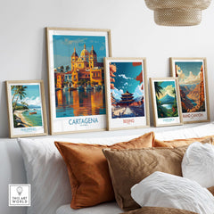Cartagena Colombia Cathedral Art Print | Marina Reflection Poster collection displayed on a stylish shelf with coastal decor.