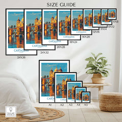 Cartagena Colombia Cathedral Art Print | Marina Reflection Poster Size Guide featuring various print sizes and design.