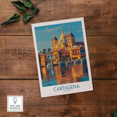 Cartagena Colombia Cathedral Art Print | Marina Reflection Poster showcasing serene coastal charm on a wooden background.
