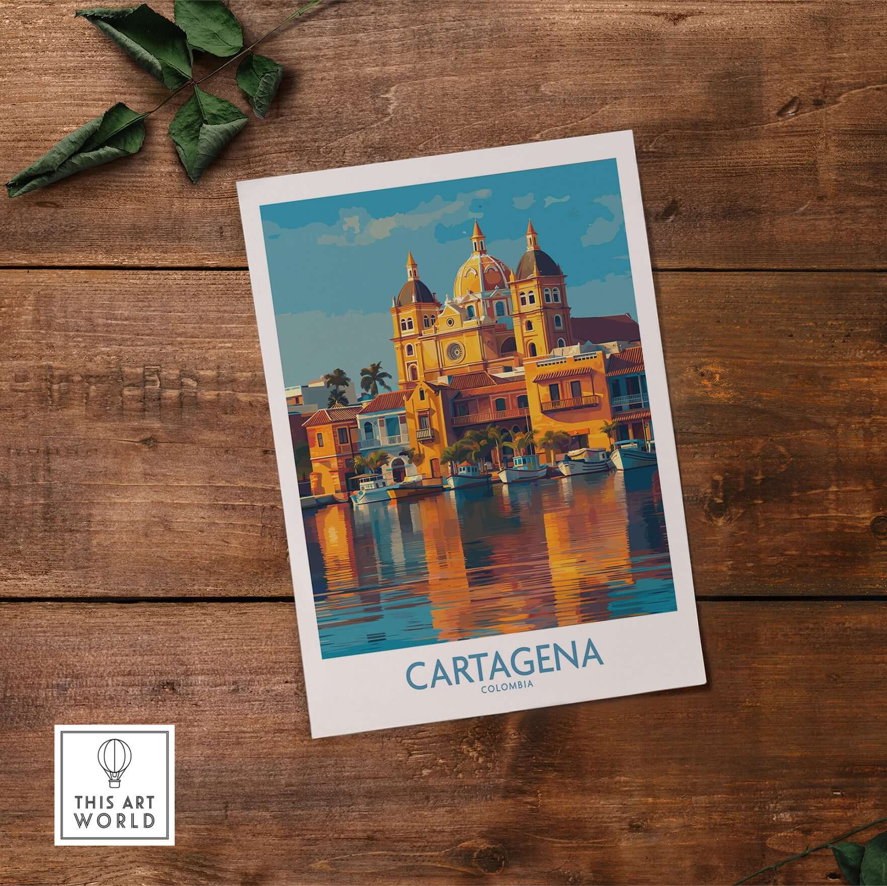 Cartagena Colombia Cathedral Art Print | Marina Reflection Poster showcasing serene coastal charm on a wooden background.