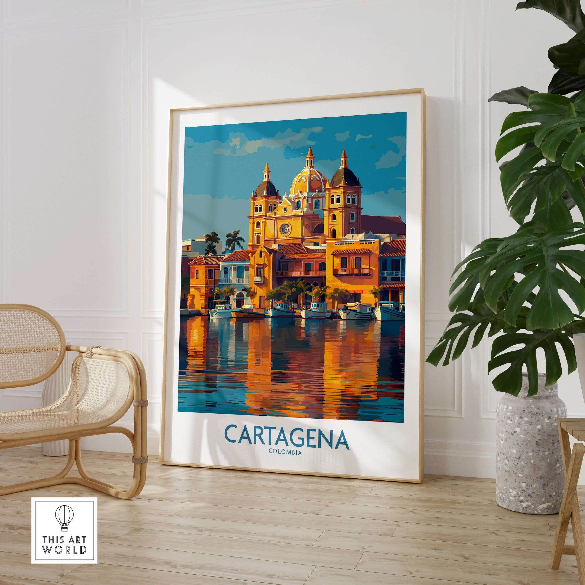 Cartagena Colombia Cathedral Art Print | Marina Reflection Poster showcasing vibrant colors and serene marina view.