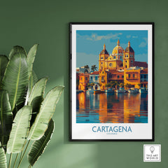 Cartagena Colombia Cathedral Art Print | Marina Reflection Poster on a green wall with tropical plants.