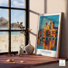 Cartagena Colombia Cathedral Art Print | Marina Reflection Poster displayed in a coastal-inspired interior.