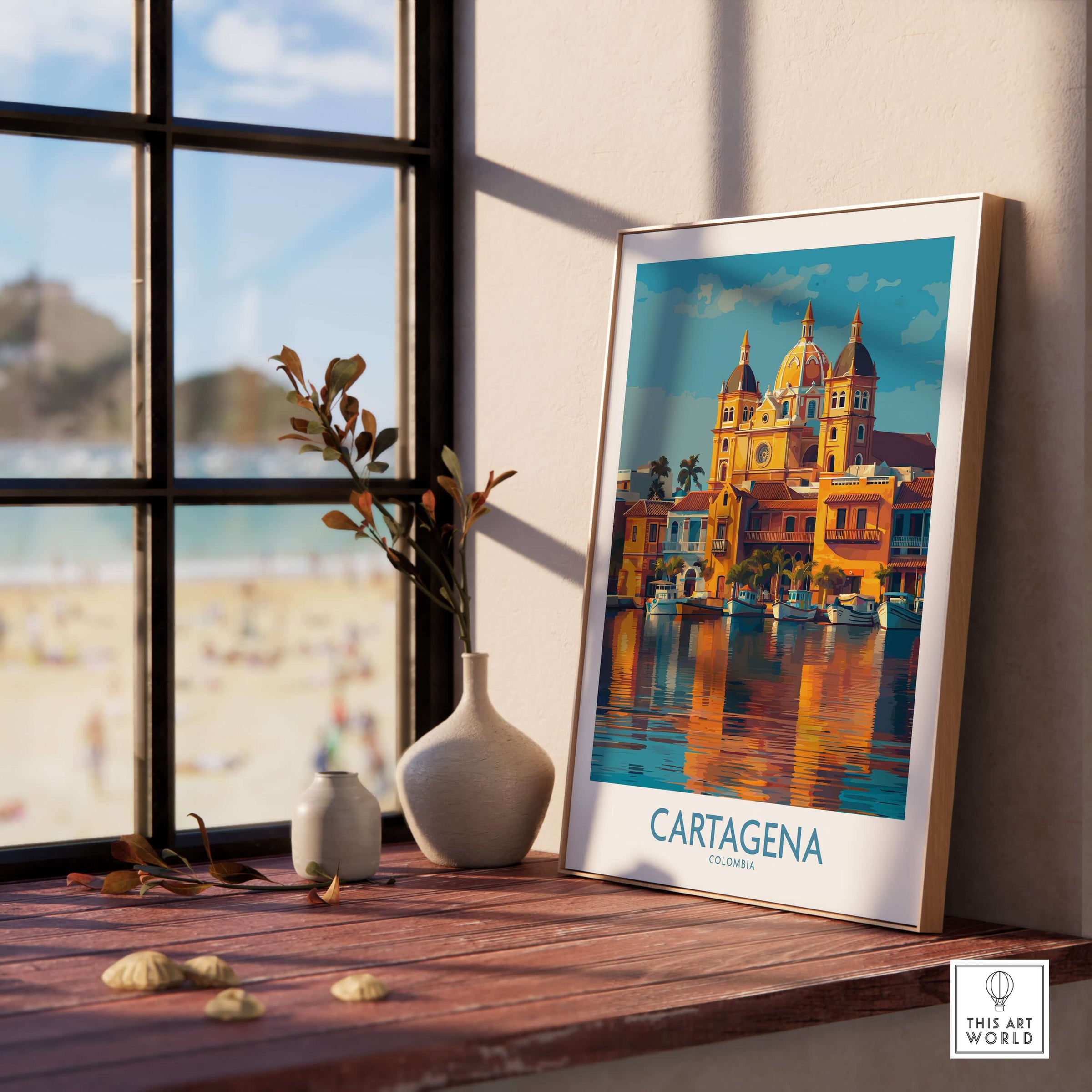 Cartagena Colombia Cathedral Art Print | Marina Reflection Poster displayed in a coastal-inspired interior.