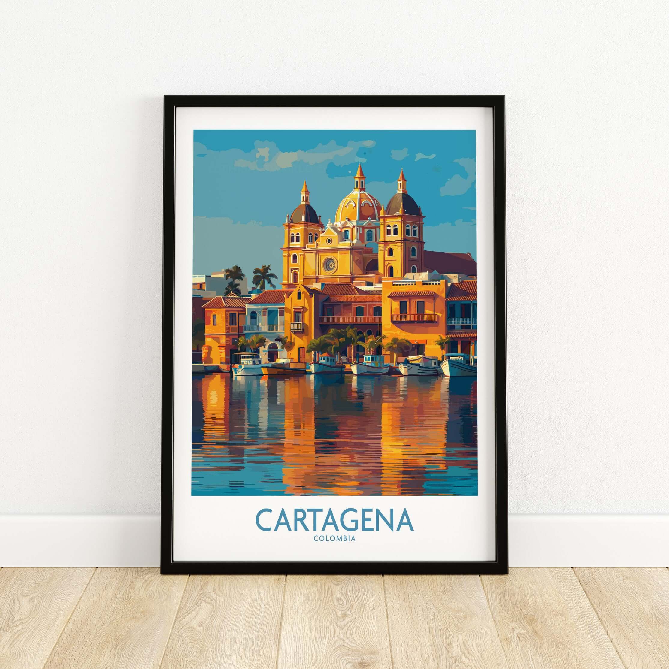 Cartagena Colombia Cathedral Art Print | Marina Reflection Poster displayed in a stylish frame.