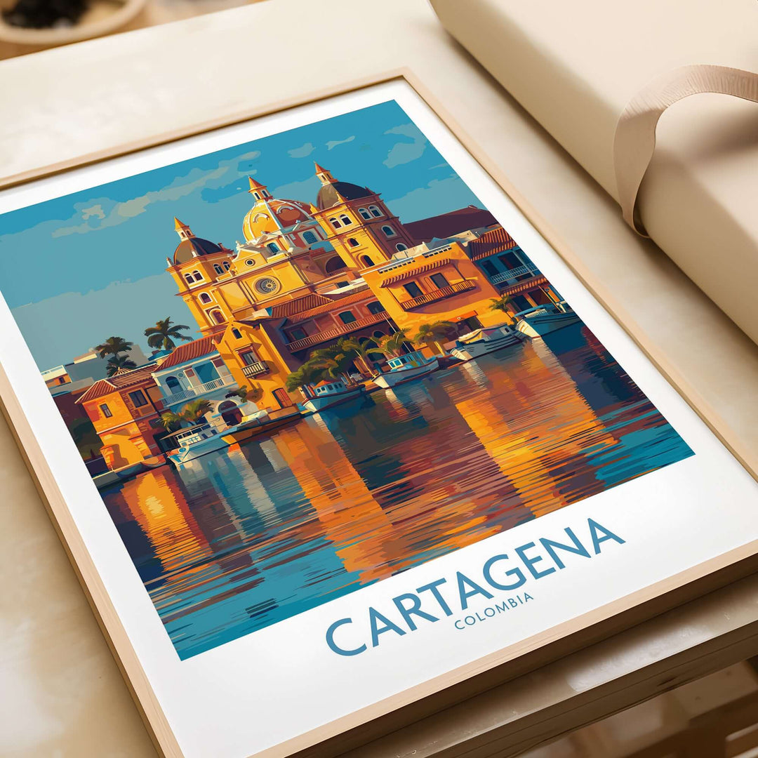 Cartagena Colombia Cathedral Art Print | Marina Reflection Poster featuring vibrant colors and a serene marina reflection.