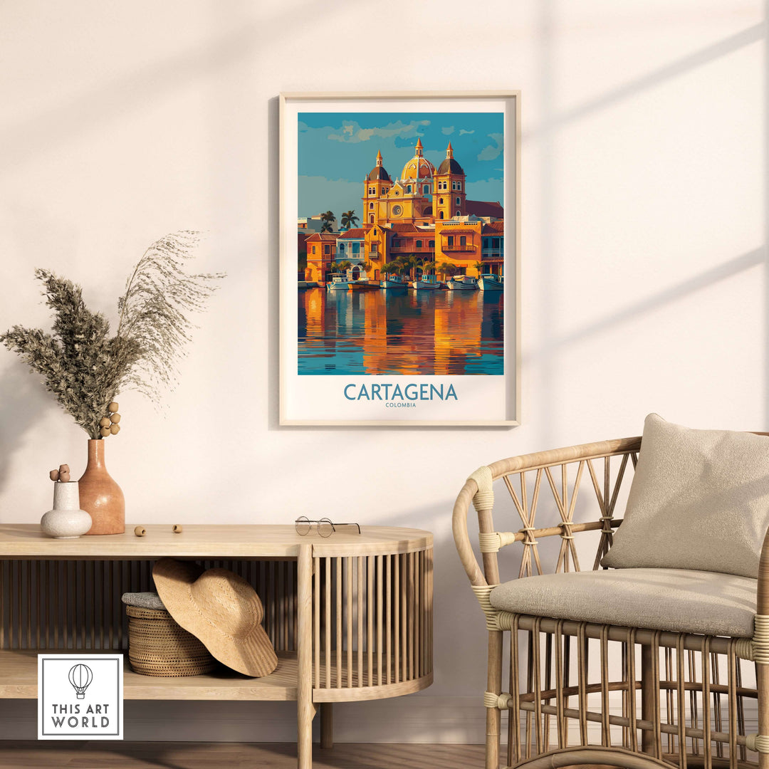 Cartagena Colombia Cathedral Art Print | Marina Reflection Poster displayed in a modern living room.