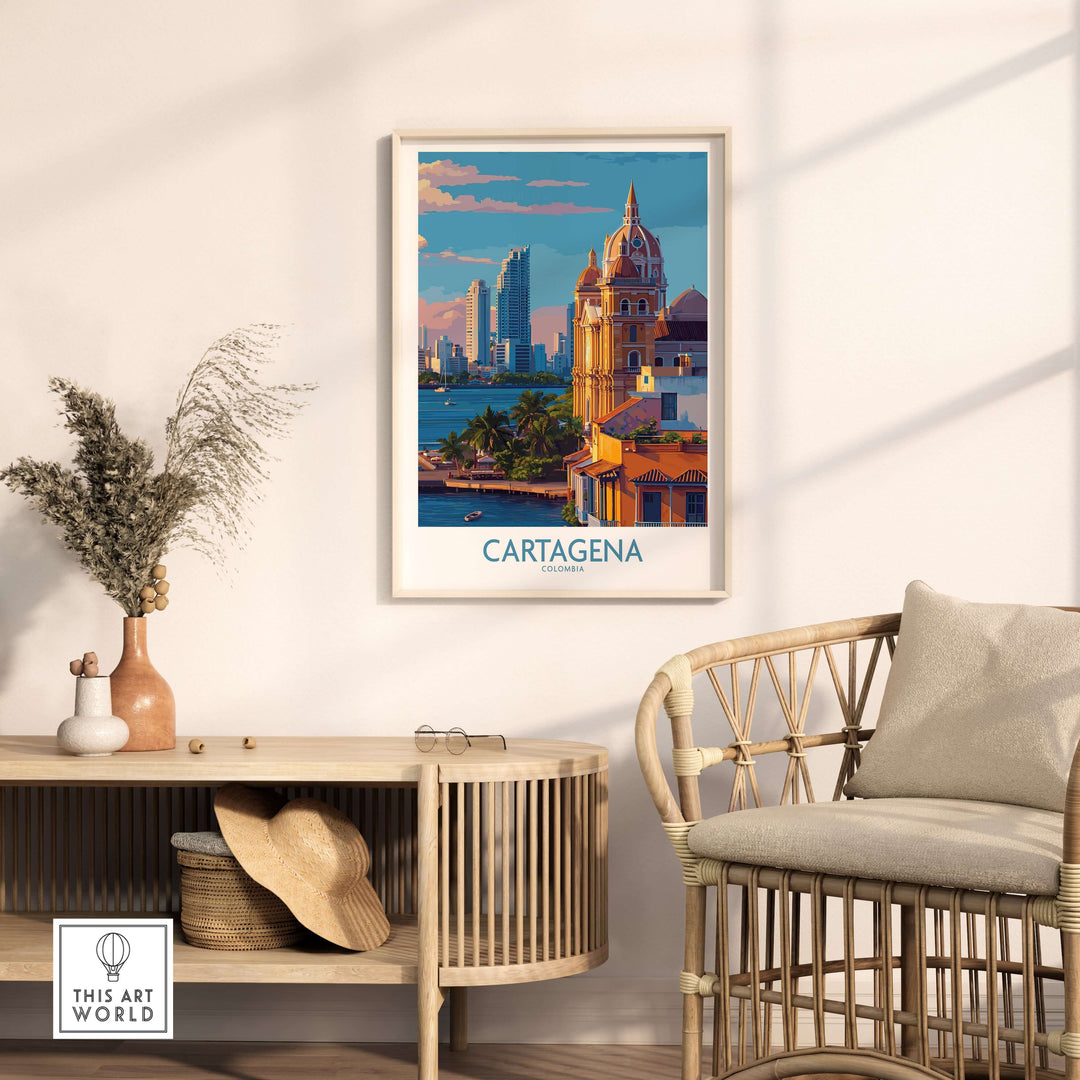 Cartagena Colombia Art Print | City Skyline Poster displayed in a stylish living room setting with a cozy chair.