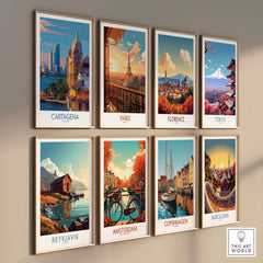 Cartagena Colombia Art Print | City Skyline Poster collection displayed on a wall featuring vibrant cityscapes.