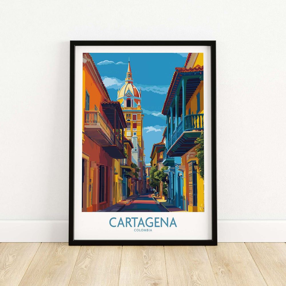 Cartagena Colombia Colorful Street Art Print | Tropical City Poster featuring a vibrant street scene in Cartagena, Colombia.