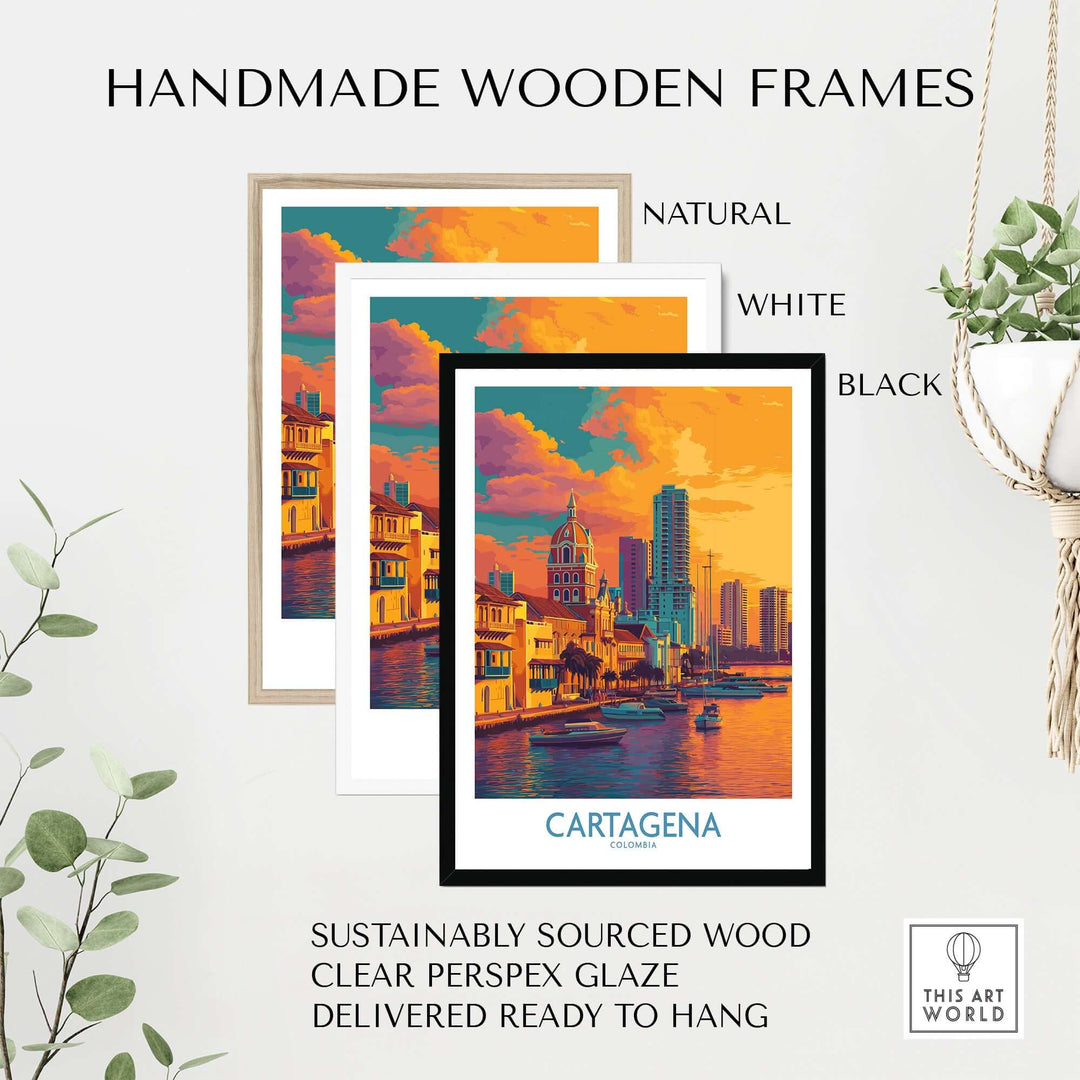 Handmade wooden frames in natural, white, and black, displaying Cartagena Colombia Modern Skyline Art Print | Sunset Harbour Poster.