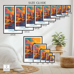 Cartagena Colombia Modern Skyline Art Print | Sunset Harbour Poster size guide showcasing various print sizes.