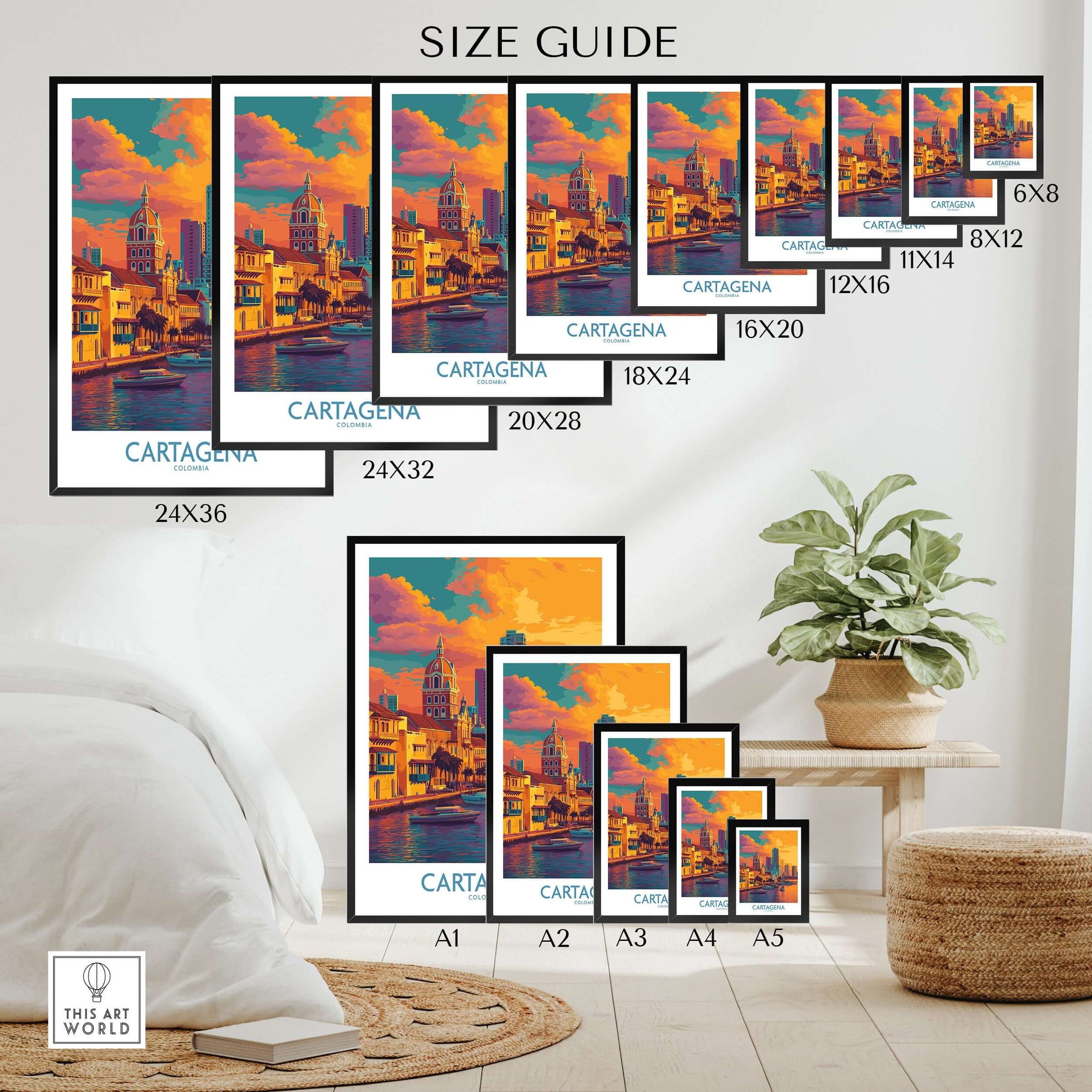 Cartagena Colombia Modern Skyline Art Print | Sunset Harbour Poster size guide showcasing various print sizes.