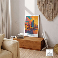 Cartagena Colombia Modern Skyline Art Print | Sunset Harbour Poster displayed in an elegant living room setting.