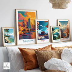 Cartagena Colombia Modern Skyline Art Print | Sunset Harbour Poster displayed among vibrant travel art prints