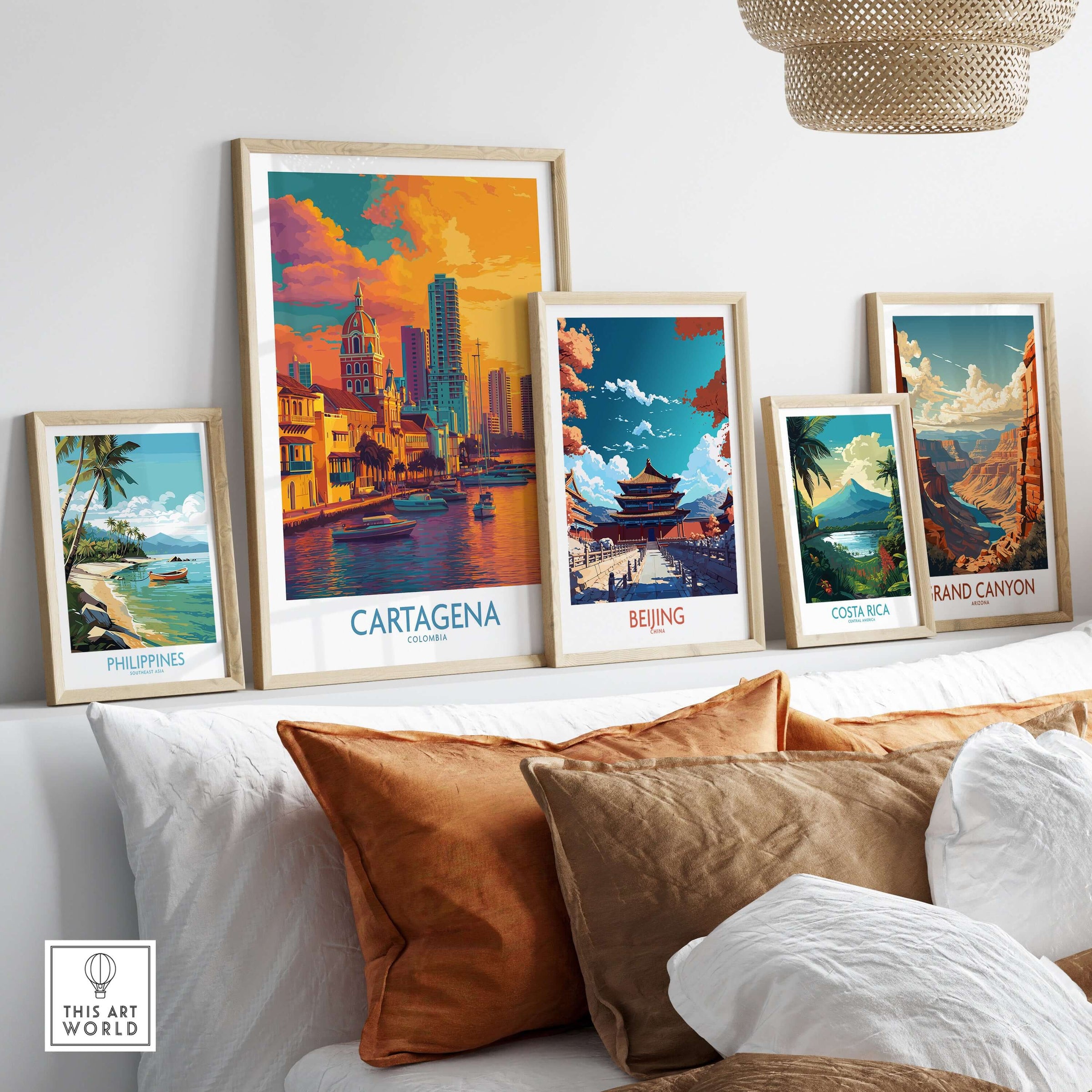 Cartagena Colombia Modern Skyline Art Print | Sunset Harbour Poster displayed among vibrant travel art prints