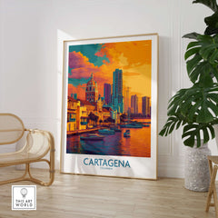 Cartagena Colombia Modern Skyline Art Print | Sunset Harbour Poster displayed in a stylish interior setting.