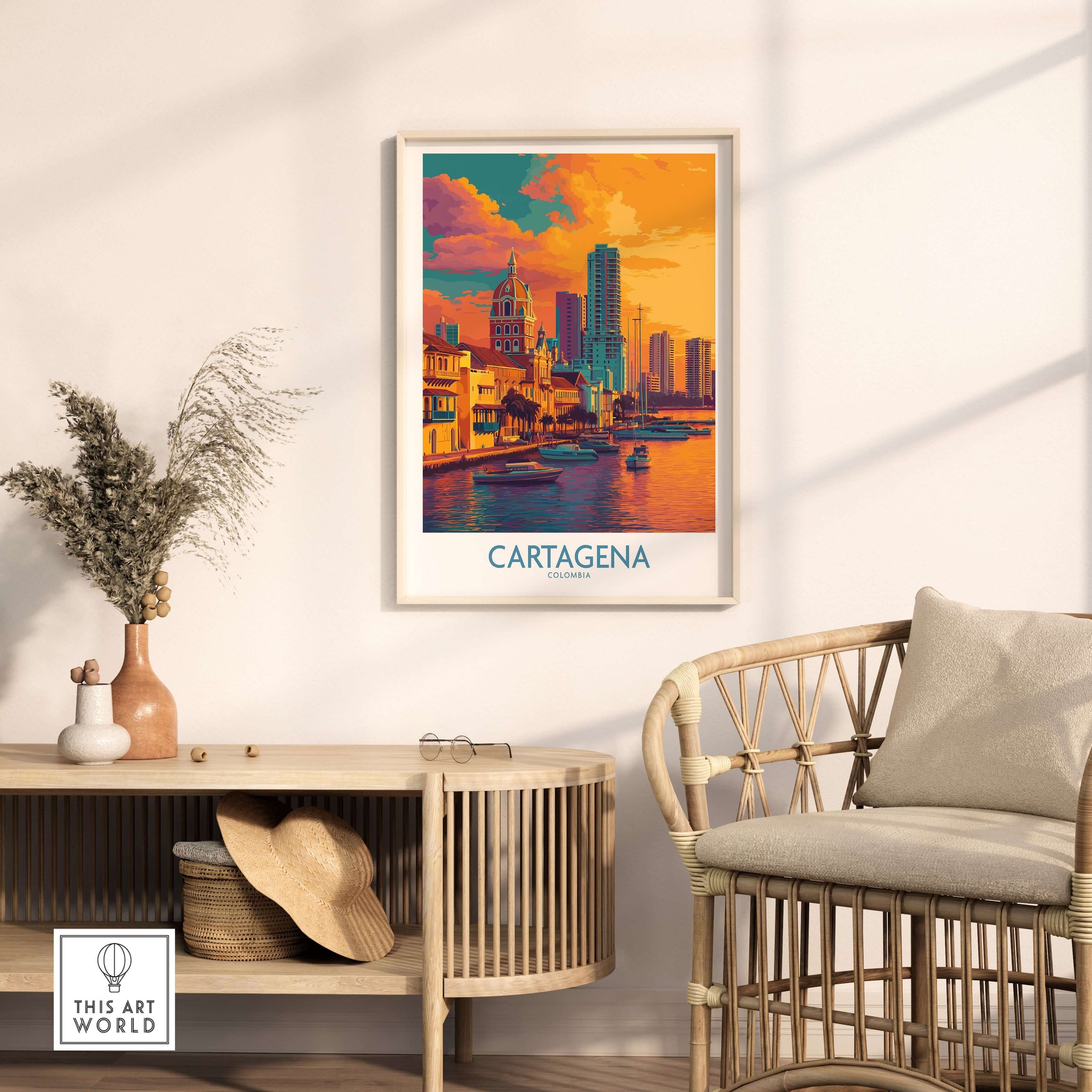 Cartagena Colombia Modern Skyline Art Print | Sunset Harbour Poster displayed in a cozy living room.