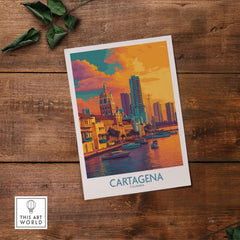 Cartagena Colombia Modern Skyline Art Print | Sunset Harbour Poster displayed on wooden surface.