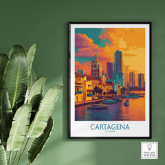 Cartagena Colombia Modern Skyline Art Print | Sunset Harbour Poster displayed on a wall with a plant.