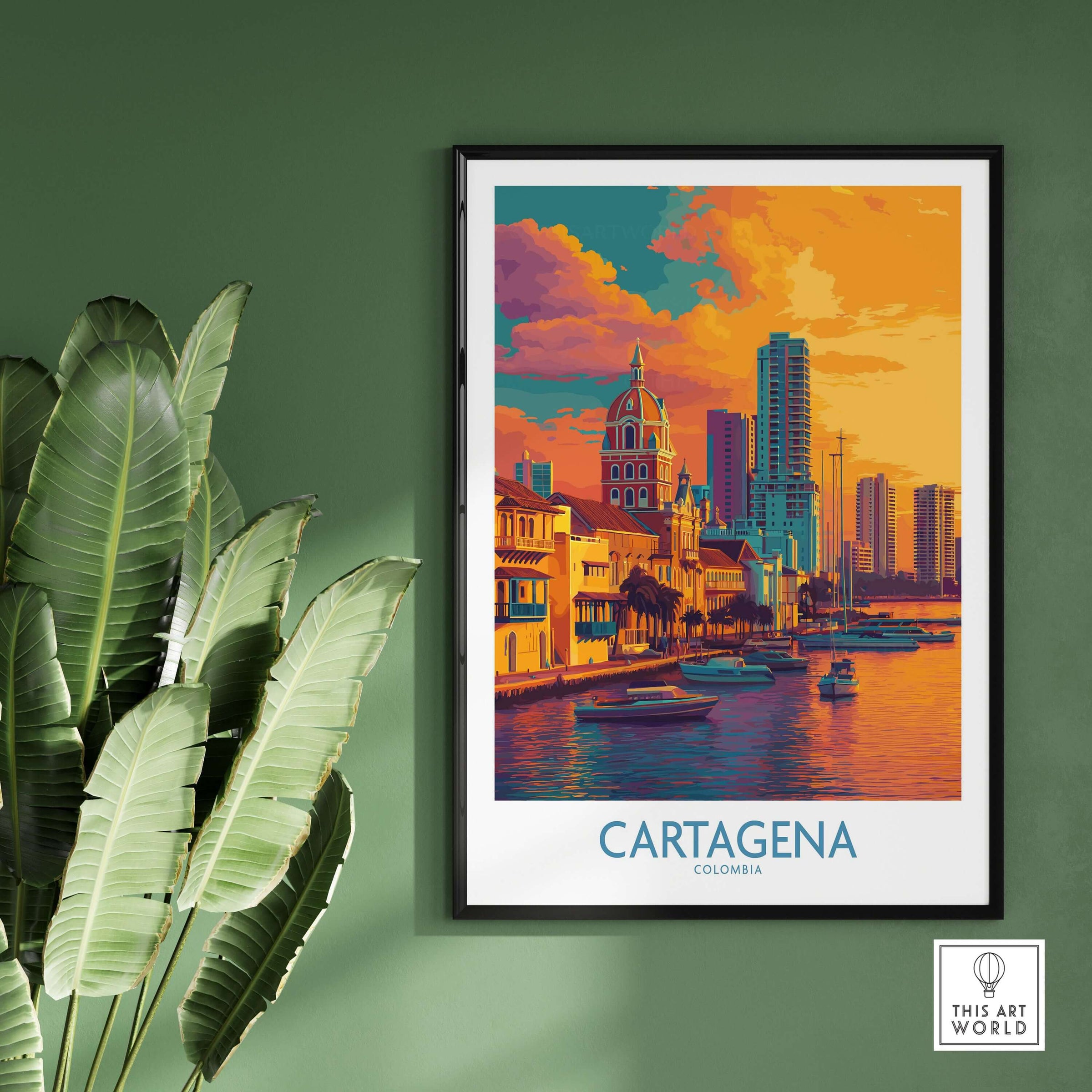 Cartagena Colombia Modern Skyline Art Print | Sunset Harbour Poster displayed on a wall with a plant.