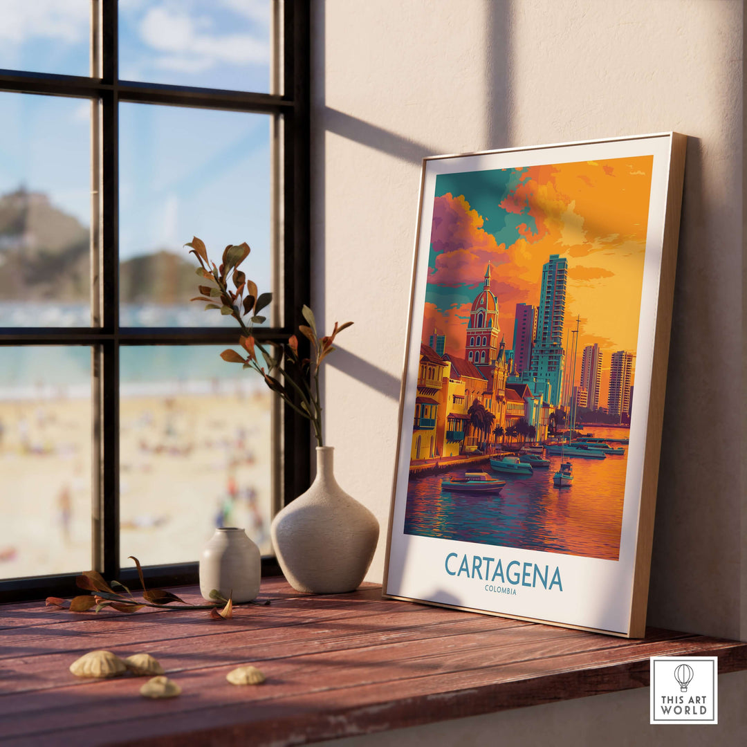 Cartagena Colombia Modern Skyline Art Print | Sunset Harbour Poster displayed in a sunny interior with beach view.