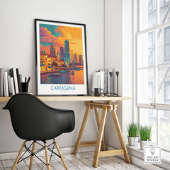 Cartagena Colombia Modern Skyline Art Print | Sunset Harbour Poster displayed in a stylish workspace with a black chair.